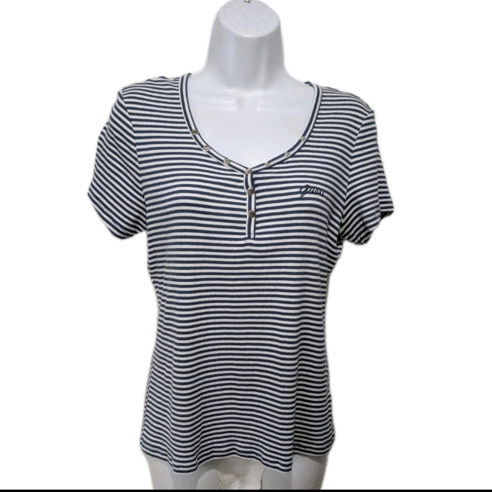 Guess Ribbed Henley Shirt Top XL Tee Striped 80s 90s Preppy #45